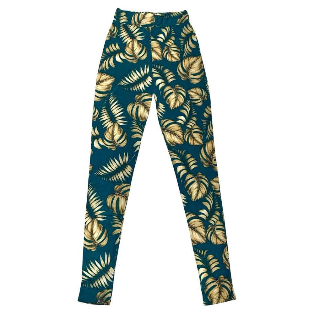 Hot Miami Styles Green/Gold Tropical Leaf Print stretch Pants size S